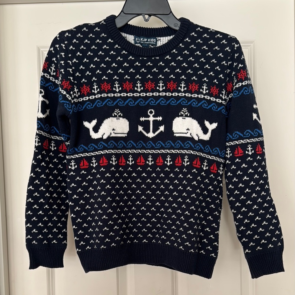 Boys Kiel James Patrick Navy Sweater with whale and anchor Nautical Motif 12